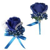Rose Wrist Corsage Bridesmaid Corsage and Boutonniere Set for Wedding Prom Party Hand Flower Decoration Set of 2 (Blue) - Retail: $13