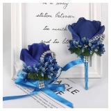 Rose Wrist Corsage Bridesmaid Corsage and Boutonniere Set for Wedding Prom Party Hand Flower Decoration Set of 2 (Blue) - Retail: $13