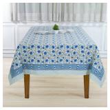 Queen Blue Hand Block Print Cotton Rectangle Tablecloth 108 x 70 inches Reusable Table Cover Decorative Everyday Use for Dining Room, Farmhouse, Home, Party, Festive & Wedding, Fall - Retail: $66