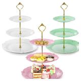 3 Pack 3 Tier Plastic Cupcake Stand, Dessert Plates Cake Fruit Candy Display Tower Reusable Pastry Platter for Wedding Birthday Baby Shower Tea Party Decorations - White Pink Green - Retail: $19