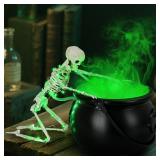 Halloween Decorations Indoor, Cauldron Halloween Decor with Puking Skeleton, Black Plastic Witches Cauldron Fog Maker Mist Diffuser Green Light Water Free DIY Skeleton for Party Home Table Decor