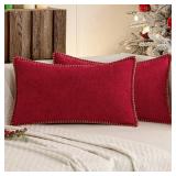 MIULEE Pack of 2 Christmas Pillow Covers 12x20 Inch Red Farmhouse Decorative Throw Pillow Covers with Stitched Edge Soft Chenille Solid Dyed Couch Pillow Covers for Sofa Bed Living Room - Retail: $25