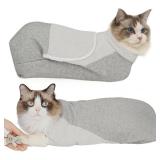 Pawfun Self-Adhesive Cat Grooming Wrap, Cozy Cat Wrap for Cutting Nails, Breathable Anti-Scratch Cat Swaddle Bag for Brushing, Ear Cleaning, Dental Care, Medication, Injections, Grey, S