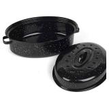16 Inch Roasting Pan with Lid - Covered Oval Roaster - Enamel Carbon Steel Roaster Pot - Excellent Heat Distribution and Non-sticky. BOTTOM EDGE DENTED and Scratched - Retail: $30