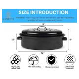 16 Inch Roasting Pan with Lid - Covered Oval Roaster - Enamel Carbon Steel Roaster Pot - Excellent Heat Distribution and Non-sticky. BOTTOM EDGE DENTED and Scratched - Retail: $30