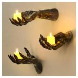 Halloween Decorations Indoor Gothic Decor: Pack of 3 Wall Mounted Creepy Reaching Hands with Lighted Candles for Gothic Wall Decorations - Retail: $20