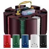 Poker Chips Poker Set, 200 Count Rotating Chip Case Wood Carousel Case Holder with 200 Pcs Chips and 2 Decks of Playing Cards for Casino Party Supplies Family Game Accessory. SOME LOOSE CHIPS.  - Reta
