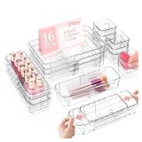 16 Pcs Clear Extendable Drawer Organizer, Adjustable Drawer Storage 3-Size Desk Drawer Organizer, Plastic Non-Slip Storage Bins for Makeup, Cosmetic, Jewelries, Utensils, Stationery, Dressers - Retail