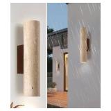 Outdoor Waterproof Wall Sconce, 11 H Long Linear Natural Yellow Travertine Wall Lamp with Natural Stone Lampshade Wooden Base, MCM Wall Sconce for House Patio Garage Entryway (Water Resistant) - Retai