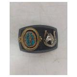 Western Belt Buckle with Turquoise and Horse Design