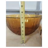 Amber Glass Punch Bowl with Floral Pattern and cups