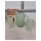Tiara Exclusive Frosted Green Glass Pitcher and Goblet Set