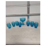 Blue Hobnail Glass Punch Bowl Set