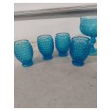 Blue Hobnail Glass Punch Bowl Set