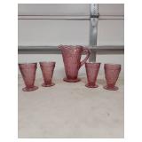 Tiara Pink Glass Floral Pattern Pitcher and Tumbler Set