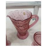 Tiara Pink Glass Floral Pattern Pitcher and Tumbler Set