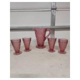 Tiara Pink Glass Floral Pattern Pitcher and Tumbler Set