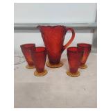 Red Glass Pitcher and Glasses Set Leaf Pattern