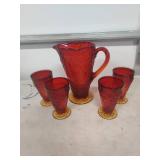 Red Glass Pitcher and Glasses Set Leaf Pattern