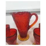 Red Glass Pitcher and Glasses Set Leaf Pattern