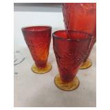 Red Glass Pitcher and Glasses Set Leaf Pattern