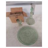 Green Glass Decanter Set with Floral Design