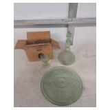 Green Glass Decanter Set with Floral Design