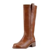 UBWDU Womens Knee High Boots Square Toe Platform Chunky Block Heel Banana Campus Boots Wide Calf Low Heel Riding Tall Booties Saddle 9.5