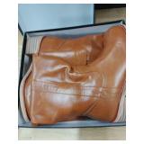 UBWDU Womens Knee High Boots Square Toe Platform Chunky Block Heel Banana Campus Boots Wide Calf Low Heel Riding Tall Booties Saddle 9.5