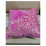 Pink decorative pillow with gold coloring on it approximately 18x18