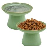 VCEPJH Elevated Shallow Cat Bowls 6.1in Ceramic Cat Food Plate Pack of 2 Raised Cats Dish Flat Anti Whisker Fatigue Wide Pet Food & Water Feeder for Indoor Kitty Kitten (Green)