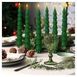 MTLEE Christmas Tree Shaped Taper Candles 10 Inch Unscented Christmas Tree Candles Decorative Aesthetic Xmas Relaxation Gifts for Centerpiece Decorations(Elegant,Green,6 Pcs)