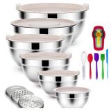 Rottay Mixing Bowls Set with Airtight Lids: 20PCS Stainless Steel Nesting Bowls - Size 7, 4, 3, 2, 1.5, 1QT Bowls with 3 Grater Attachments & Non-Slip Bottoms for Baking & Prepping