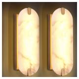 14.17in Alabaster Wall Sconces, Natural Marble Wall Light Set of Two, Modern LED Alabaster Sconces for Living Room Indoor Wall Lamps for Dining Room Stairs Bedroom,Brushed Gold