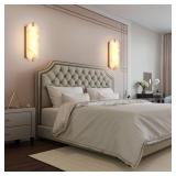 14.17in Alabaster Wall Sconces, Natural Marble Wall Light Set of Two, Modern LED Alabaster Sconces for Living Room Indoor Wall Lamps for Dining Room Stairs Bedroom,Brushed Gold