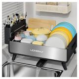 LIONONLY Dish Racks,Extendable Countertop Dish Drying Rack, Dish Drainer & Drainboard Set with Utensil Holder and Cup Holder, Black