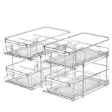 2 Set, 2 Tier Clear Organizer with Dividers for Cabinet, Shlef, Counter - MultiUse Slide-Out Storage Container - Kitchen, Pantry, Medicine Cupboard Bins, Bathroom, Vanity Makeup, Under Sink Organizing