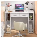 DAOUTIME White Computer Desk with Drawers, 37.3 Inch Home Office Work Desk with Storage Shelf, Kids Teens Study Table for Small Space, Small Writing PC Table for Bedroom Makeup Vanity Desk