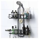 Depecal Shower Caddy Hanging Organizer, Rustproof Over Shower Head Caddy Holder with Hooks for Razor/Sponge, No Drilling Bathroom Racks Bath Storage Shelves for Shampoo Soap Towels, Black