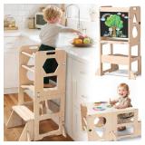 Woodure 4-in-1 Toddler Kitchen Step Stool, Foldable Learning Standing Tower with Blackboard, Wooden Kitchen Stool Helper for Kids, 1-3 Year Old Boy Girl Gifts