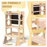 Woodure 4-in-1 Toddler Kitchen Step Stool, Foldable Learning Standing Tower with Blackboard, Wooden Kitchen Stool Helper for Kids, 1-3 Year Old Boy Girl Gifts