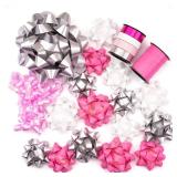 WRAPAHOLIC 19 Pcs Gift Bows Assortment - 16 Multi Colored Assorted Size Gift Bows(Pink, White, Silver), 2 Crimped Curling Ribbons, 1 Pink Curly Bows, Perfect for Christmas, Holiday, Party