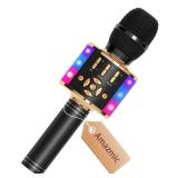 Amazmic Kids Karaoke Microphone Machine Toy Bluetooth Microphone Portable Wireless Karaoke Machine Handheld with LED Lights, Gift for Children Adults Birthday Party, Home KTV(Black Gold)