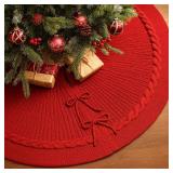 PUKUPIG 36 Inch Red Knitted Christmas Tree Skirt, Chunky Cable Knit with Braided Scalloped Edge, Perfect for Xmas Holiday Decorations