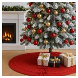 PUKUPIG 36 Inch Red Knitted Christmas Tree Skirt, Chunky Cable Knit with Braided Scalloped Edge, Perfect for Xmas Holiday Decorations