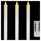 Homemory 3 Pcs Waxy Flameless Taper Candles with Remote, Flickering Battery Operated Taper Candles, Led Flameless Candlesticks Classic Tall Candle for Home, Wedding, Party, White, 9.6 inches