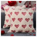 DFXSZ Valentines Pillow Covers 18x18 inch Set of 2 Valentines Day Decoration Red Embroidery Heart Soft Plush Faux Fur Jacquard Beige Throw Pillowcase for Bedroom Sofa Holiday Home Decor PTK073C18