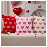 DFXSZ Valentines Pillow Covers 18x18 inch Set of 2 Valentines Day Decoration Red Embroidery Heart Soft Plush Faux Fur Jacquard Beige Throw Pillowcase for Bedroom Sofa Holiday Home Decor PTK073C18