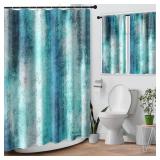 Culudea Turquoise Teal Grey Gray Waffle Textured Cloth Shower Curtain Set, Painting Abstract Modern Art Bathroom Window Waterproof Shower Curtains for Bathroom Decor