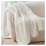BEDELITE Fleece Throw Blanket for Couch - 300GSM Soft & Warm Fluffy Cream White Blanket, Decorative and Giftable Striped Blankets for Women, Men, 50\"x60\"